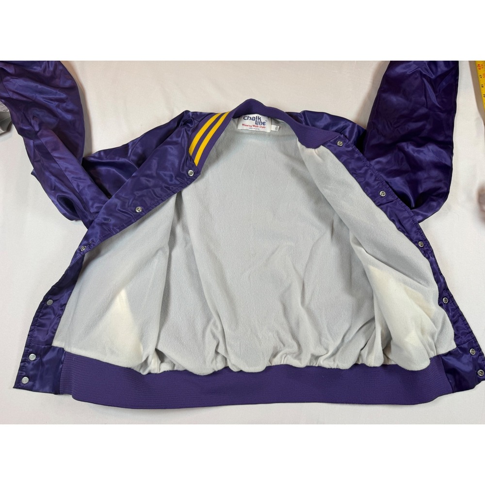 Vtg Chalk Line Los Angeles Lakers Satin Varsity Jacket Purple Sz L USA Run Small - Picture 9 of 11